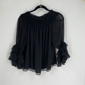 Express Black Ruffled Boat Neck Blouse Sheer Sleeves size S